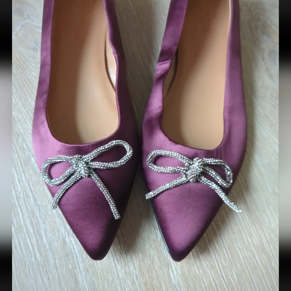 J Crew Womens Flat Size 7 Burgundy Satin Pointy Toe Dress Shoe Crystal Bow Comfy